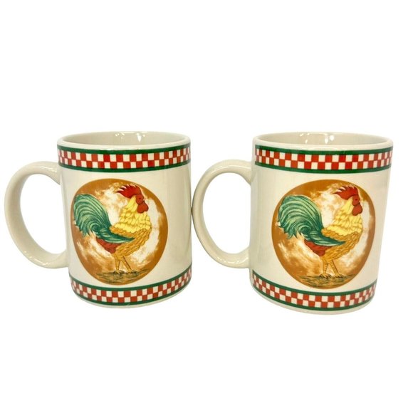 Cardinal Mug Rooster Red Checker Pattern Hand Painted Coffee Tea Cup Lot of Two - Picture 3 of 10